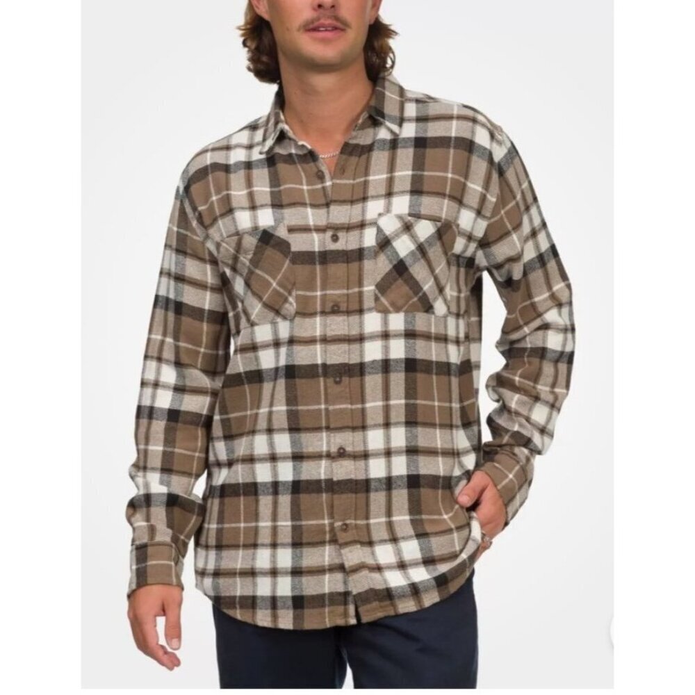 JUNK FOOD Mens Taupe‎ Plaid Casual Button Up Shirt Small 2 Pocket NEW
